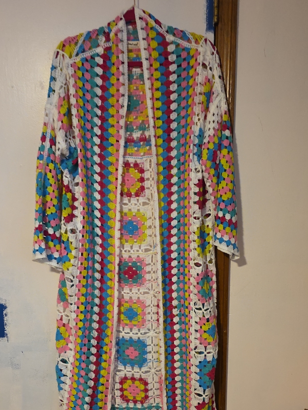 Three Bird Nest Multicolor Crochet Coverup with White Trim